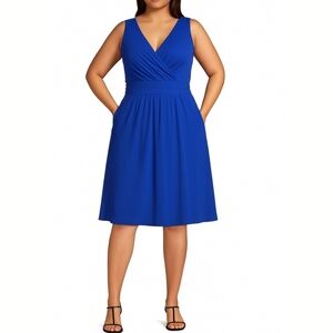 Lands' End Women's Blue Sleeveless Stretch Knit Fit & Flare Faux Wrap Midi Dress